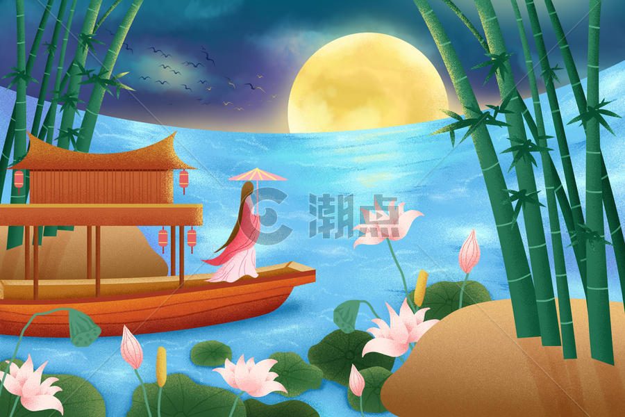 夏至傍晚乘船入竹林唯美插画图片素材免费下载
