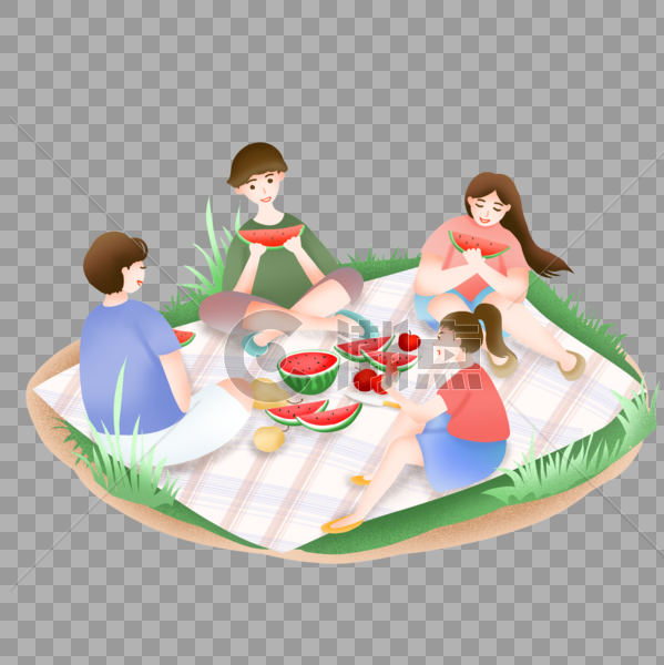 手绘夏天家庭野炊吃西瓜的一家人图片素材免费下载