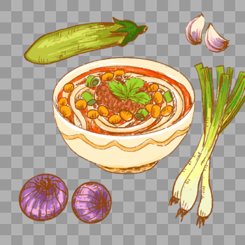 酸辣粉蔬菜大葱洋葱茄子手绘插画图片素材免费下载
