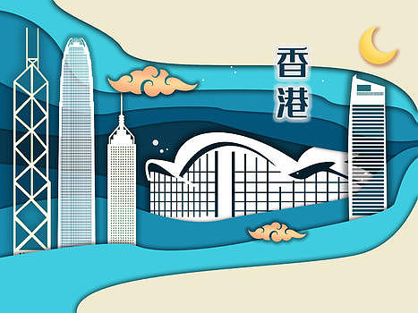 香港地标城市建筑剪纸风插画图片素材免费下载