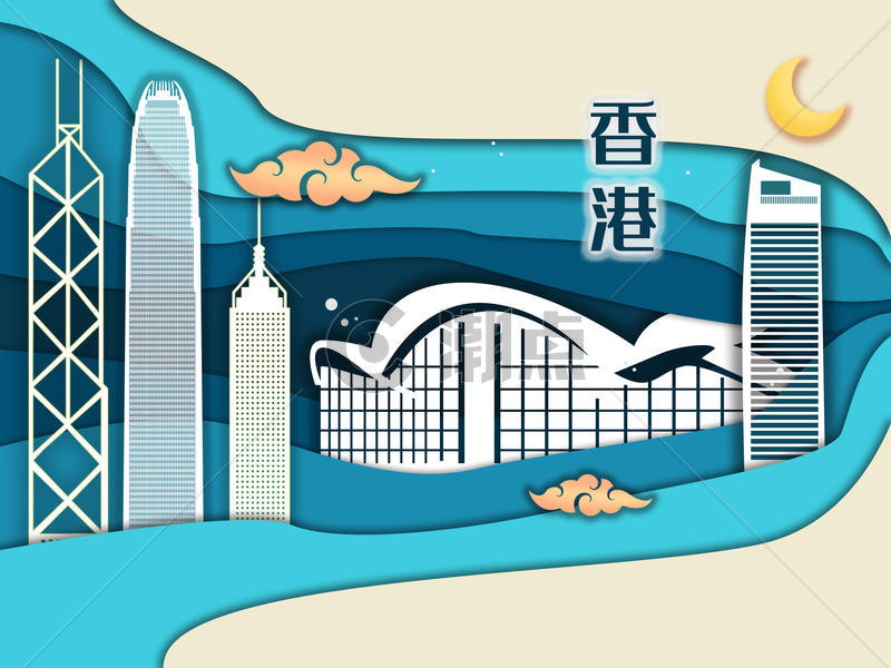 香港地标城市建筑剪纸风插画图片素材免费下载