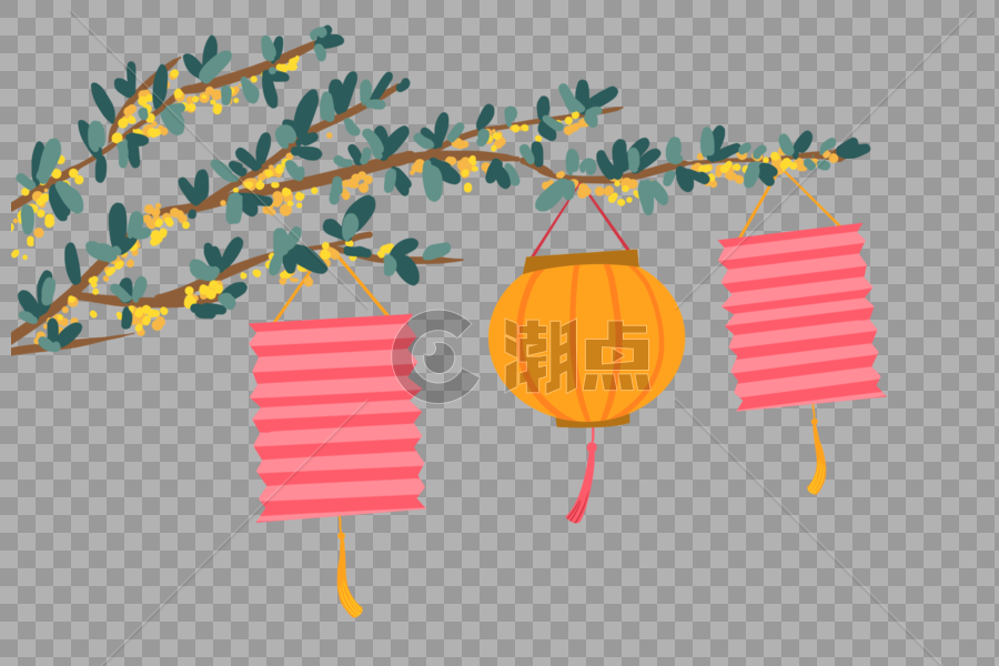 手绘中秋节桂花树和灯笼图片素材免费下载