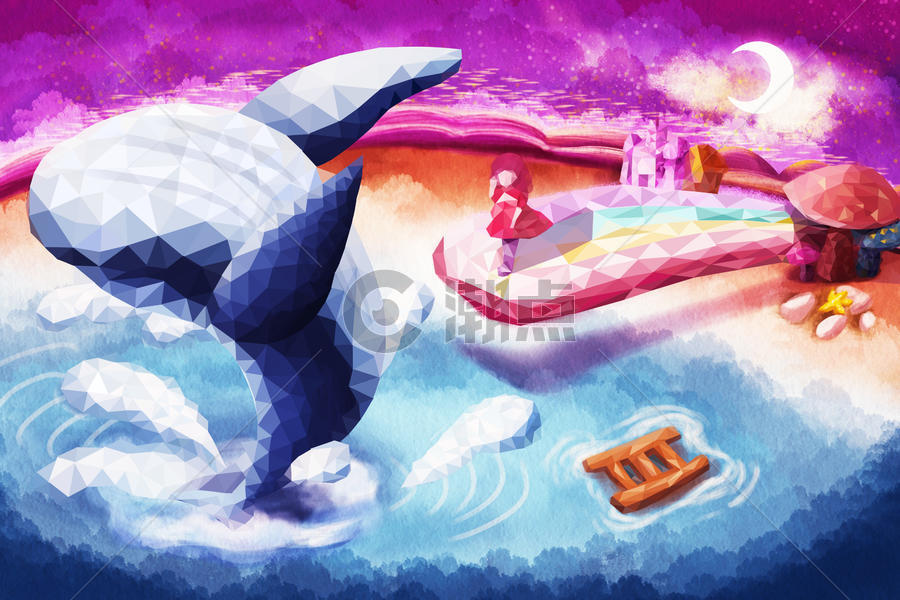女孩与蓝鲸鱼海边奇幻治愈系图片素材免费下载