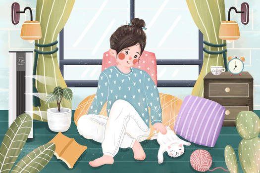 扁平小清新女孩暑假宅家撸猫插画图片素材免费下载