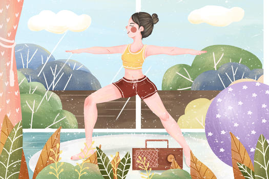 小清新夏日女孩健身瑜伽插画图片素材免费下载
