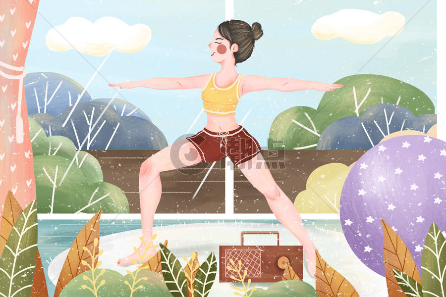 小清新夏日女孩健身瑜伽插画图片素材免费下载