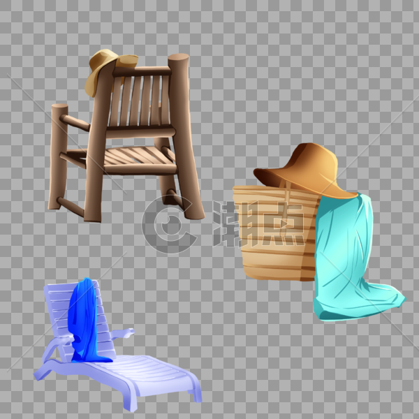 沙滩椅子躺椅帽子篮筐毛巾图片素材免费下载