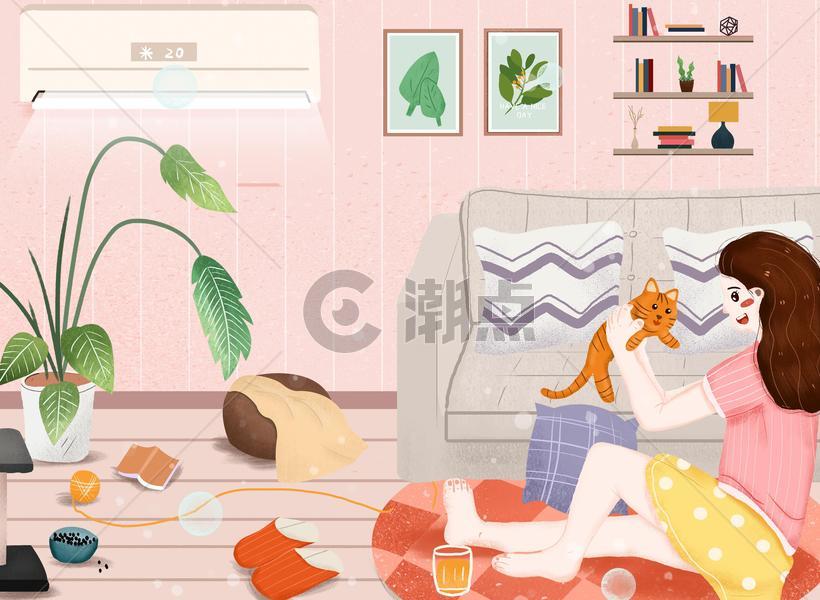 小清新夏季居家撸猫插画图片素材免费下载