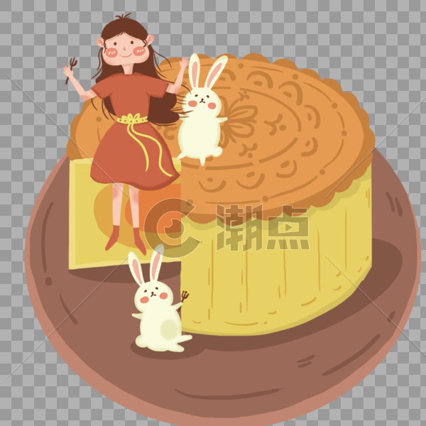 手绘小女孩坐在月饼上和兔子一起吃月饼图片素材免费下载