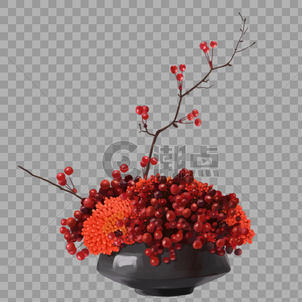 手绘红色花卉盆栽元素图片素材免费下载