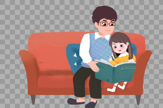 坐在沙发上教孩子看书的父亲图片素材免费下载