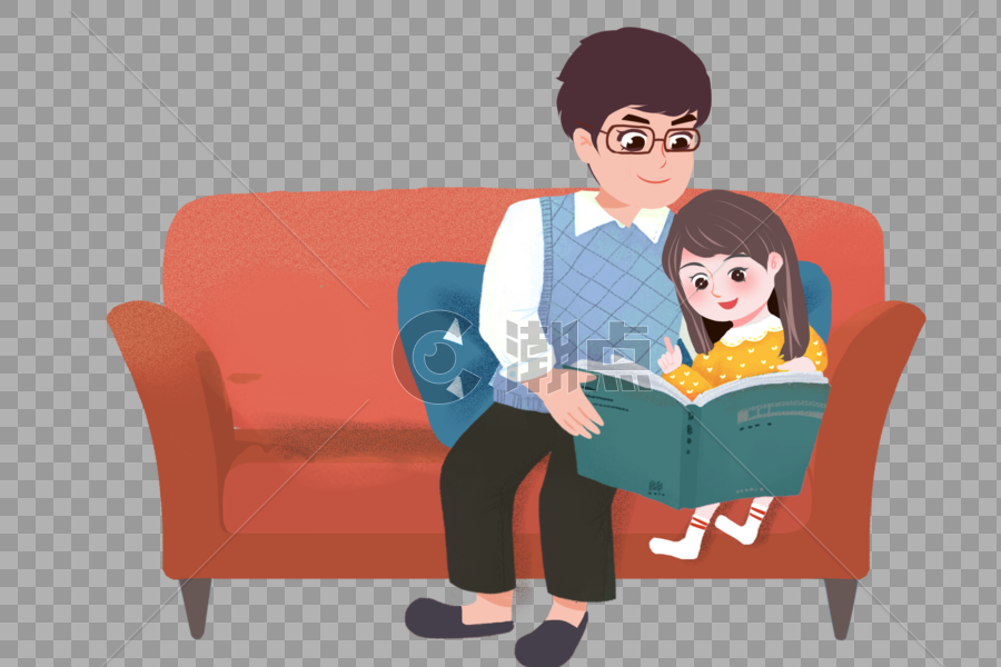 坐在沙发上教孩子看书的父亲图片素材免费下载