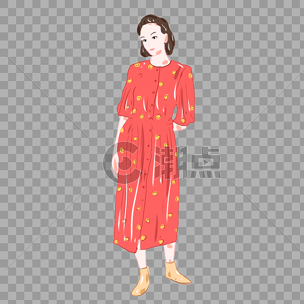 手绘时尚女生红色连衣裙元素图片素材免费下载