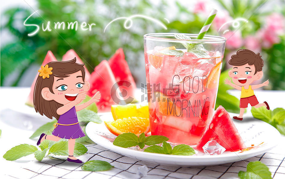 夏天开心冰饮吃西瓜图片素材免费下载