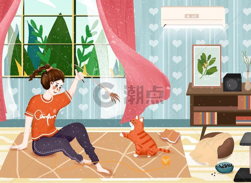 小清新之暑假居家逗猫插画图片素材免费下载