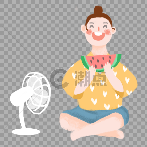 大暑吃西瓜吹电扇的女孩图片素材免费下载