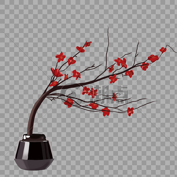 手绘红色梅花花瓶元素图片素材免费下载