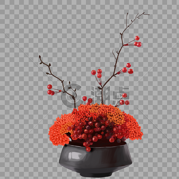 手绘红色花卉盆栽元素图片素材免费下载