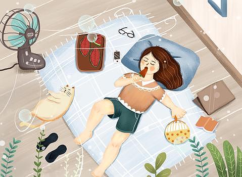 小清新之暑假居家避暑插画图片素材免费下载