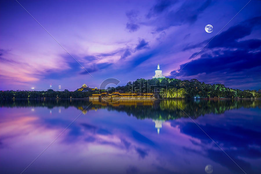 城市圆月湖面夜景背景图片素材免费下载