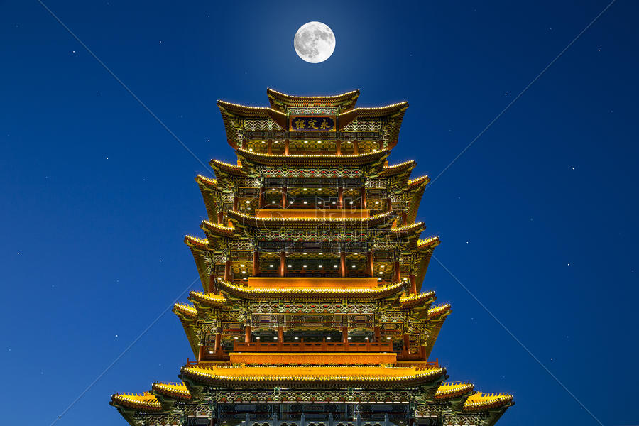 中国风古楼永定楼明月背景图片素材免费下载
