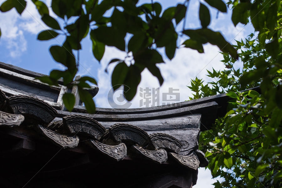 中国风树叶前景屋檐蓝天图片素材免费下载
