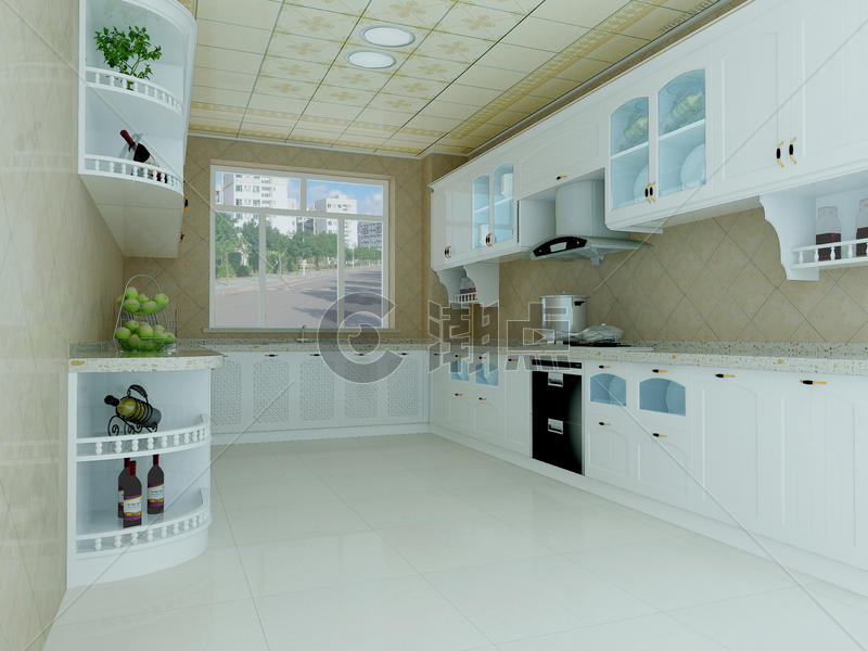 冷色系厨房效果图图片素材免费下载