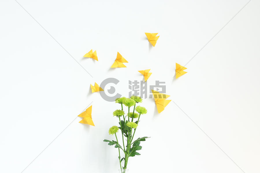 花朵上的纸蝴蝶图片素材免费下载