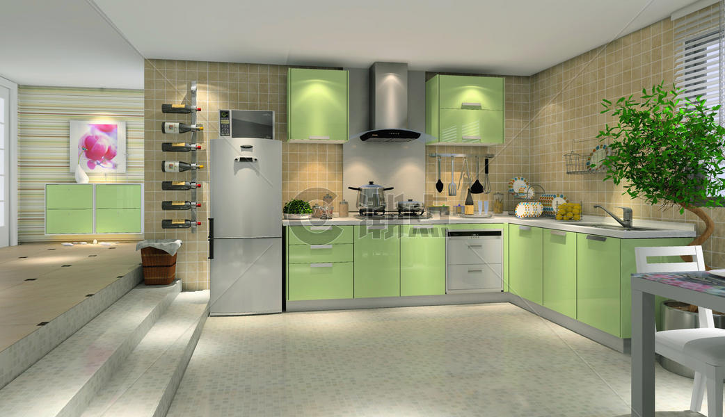 绿色厨房效果图图片素材免费下载