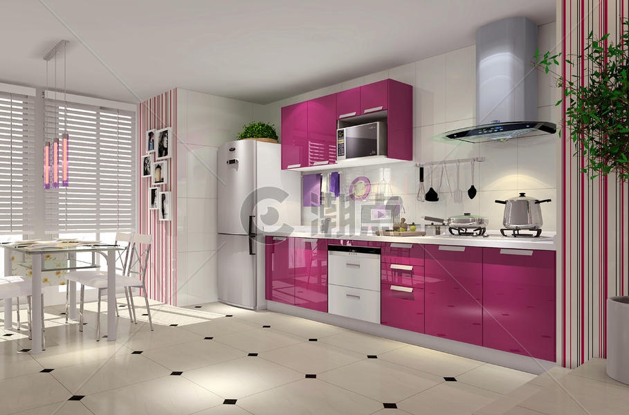 粉色系厨房效果图图片素材免费下载