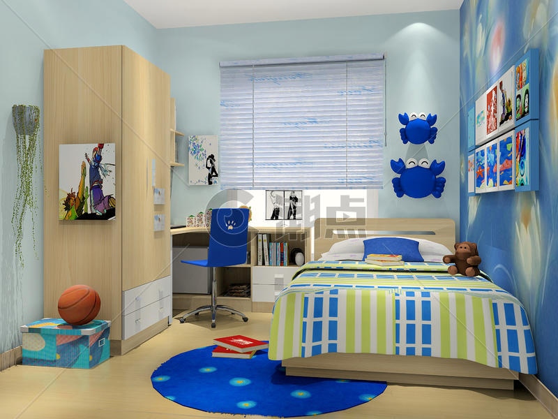 蓝色系儿童房效果图图片素材免费下载