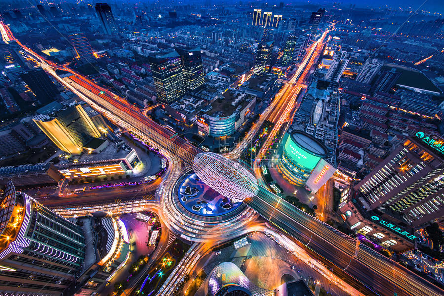 俯瞰上海五角场的夜景图片素材免费下载