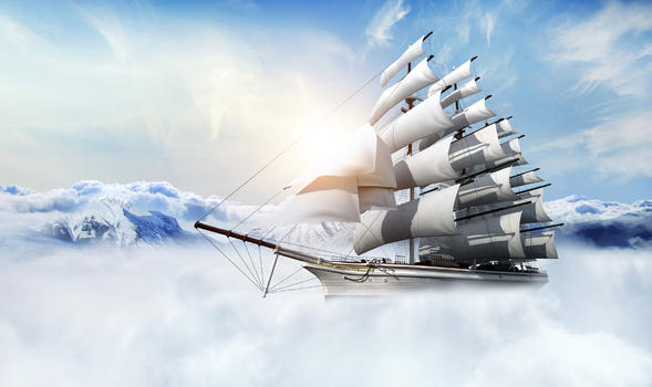 船飞行在深山云层上迎接日出图片素材免费下载