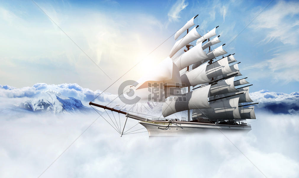 船飞行在深山云层上迎接日出图片素材免费下载