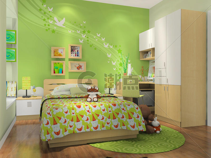 绿色盎然的儿童房效果图图片素材免费下载