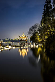 夜晚的杭州西湖夕影亭图片素材免费下载