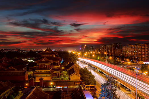 北京火烧云下的雍和宫桥夜景图片素材免费下载