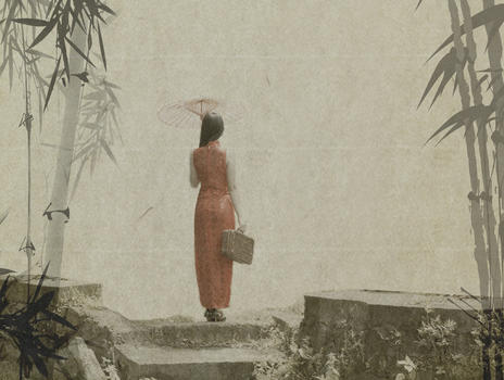 竹林小道上打扇穿旗袍的美女图片素材免费下载