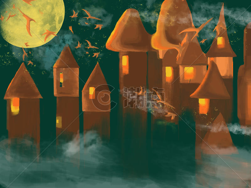 城堡月夜唯美插画图片素材免费下载