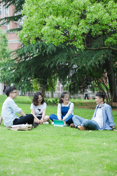 男女大学生们坐草地上聊天休息图片素材免费下载