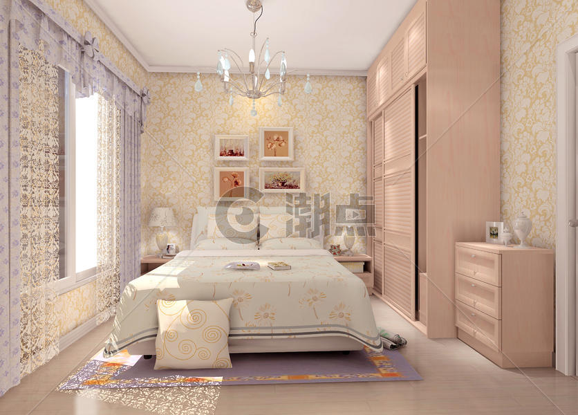 暖黄色的卧室效果图图片素材免费下载