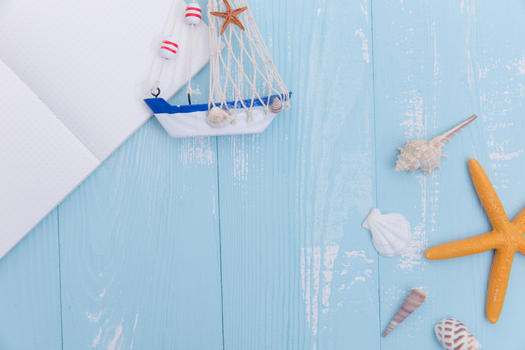 夏日蓝色木板帆船海星素材图片素材免费下载