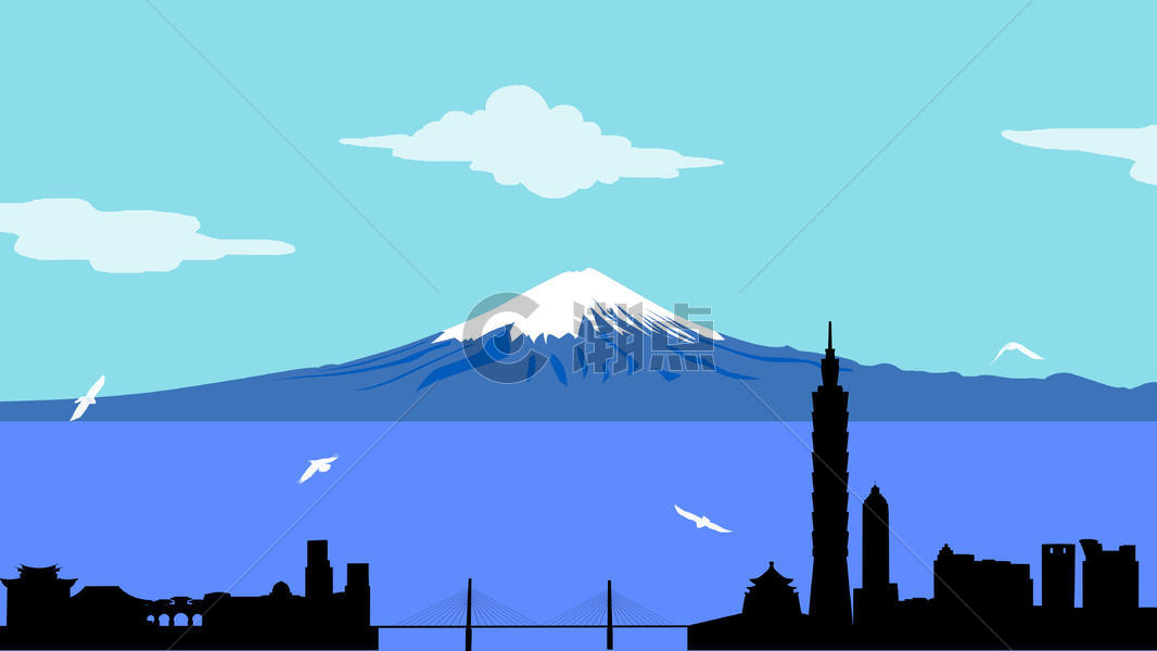 手绘-富士山与天空图片素材免费下载