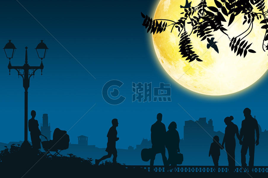 创意手绘-月夜下的都市人群图片免费下载图片素材免费下载
