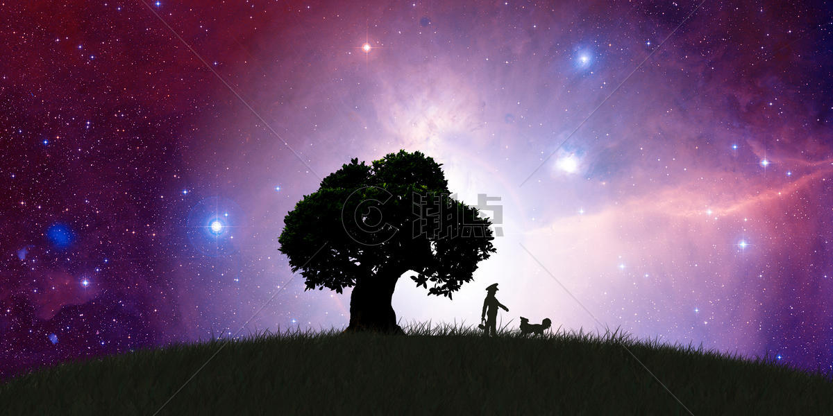 星空下的草地大树小孩与狗图片素材免费下载