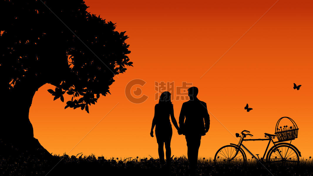 剪影-大树下的情侣与自行车图片素材免费下载