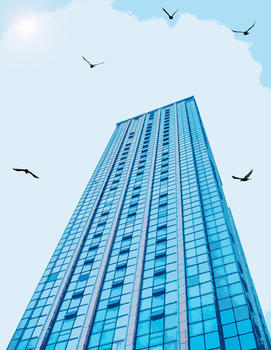 创意转手绘-城市建筑与高空飞行的鸟图片素材免费下载