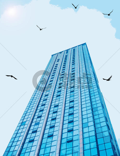 创意转手绘-城市建筑与高空飞行的鸟图片素材免费下载