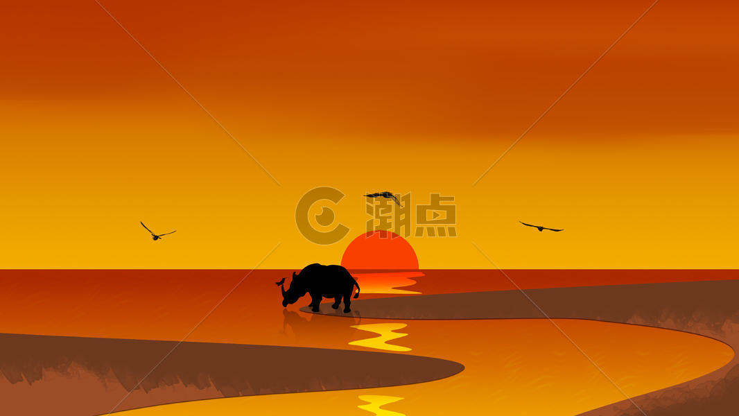 手绘-夕阳下喝水的犀牛图片素材免费下载