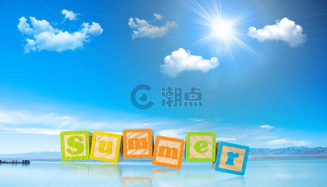 夏天蓝天白云日光海面summer字体的倒影图片素材免费下载